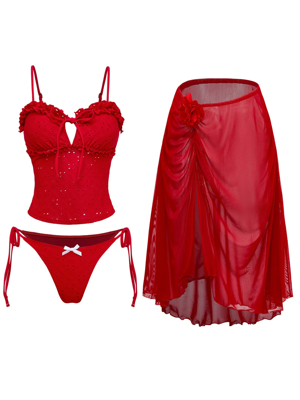 2PCS Rot 1960er Cutout Rüschen Tankini Set & Cover-Up - Image 2