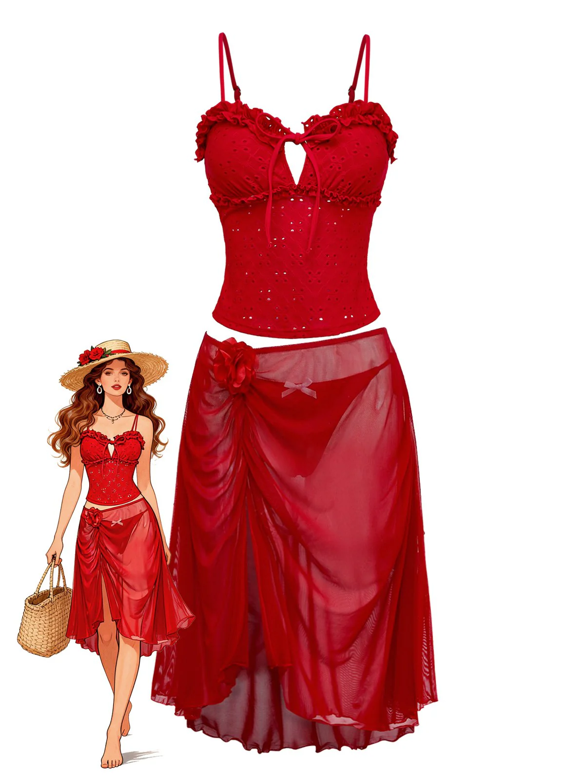 2PCS Rot 1960er Cutout Rüschen Tankini Set & Cover-Up - Image 3