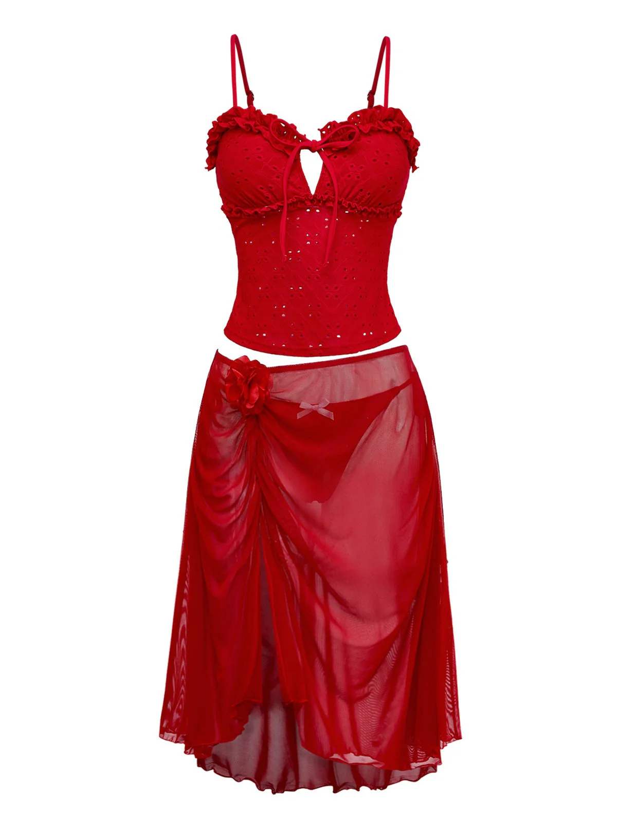 2PCS Rot 1960er Cutout Rüschen Tankini Set & Cover-Up - Image 4