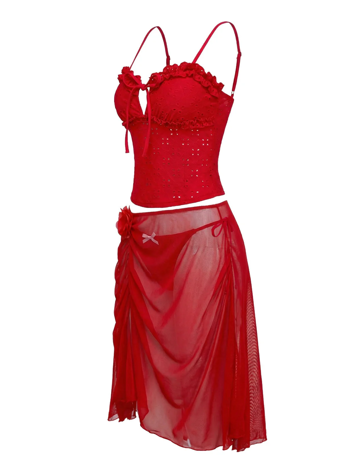 2PCS Rot 1960er Cutout Rüschen Tankini Set & Cover-Up - Image 5