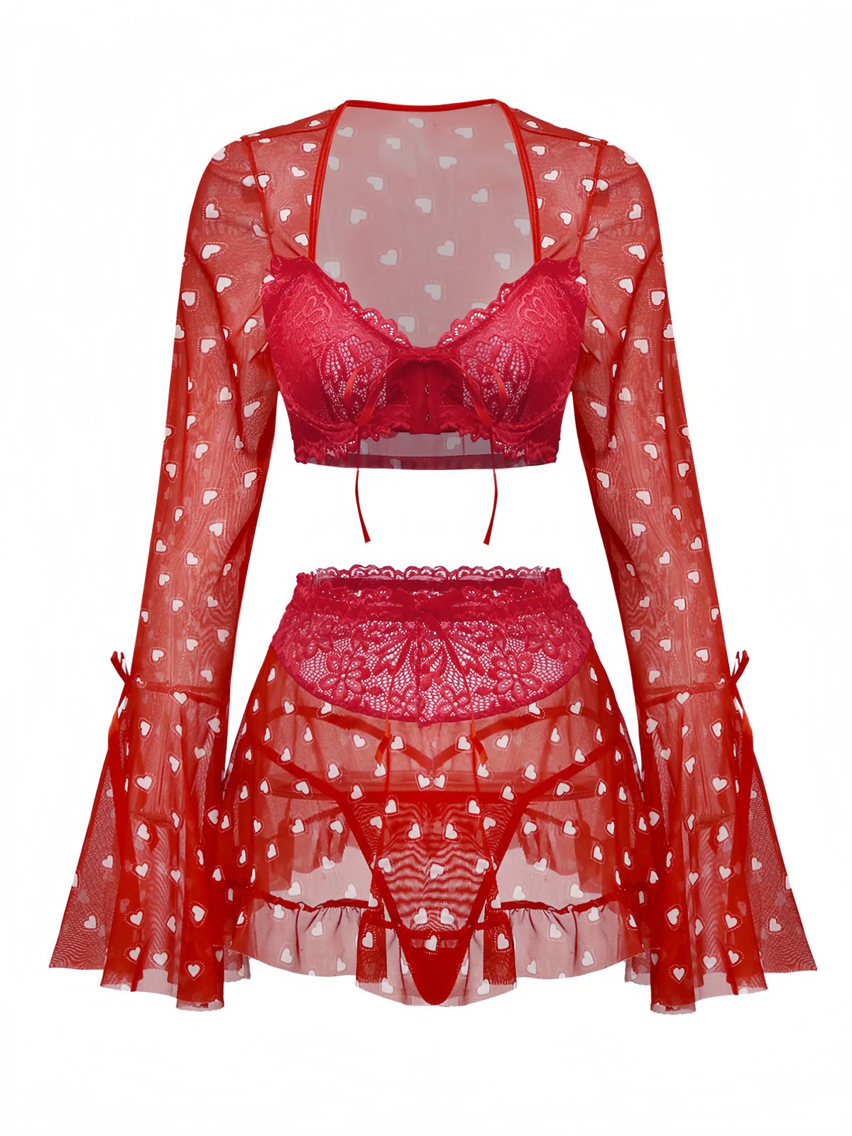 2PCS Rot 1960er Herz Bogen Rüschen Valentinstag Pyjama - Image 3
