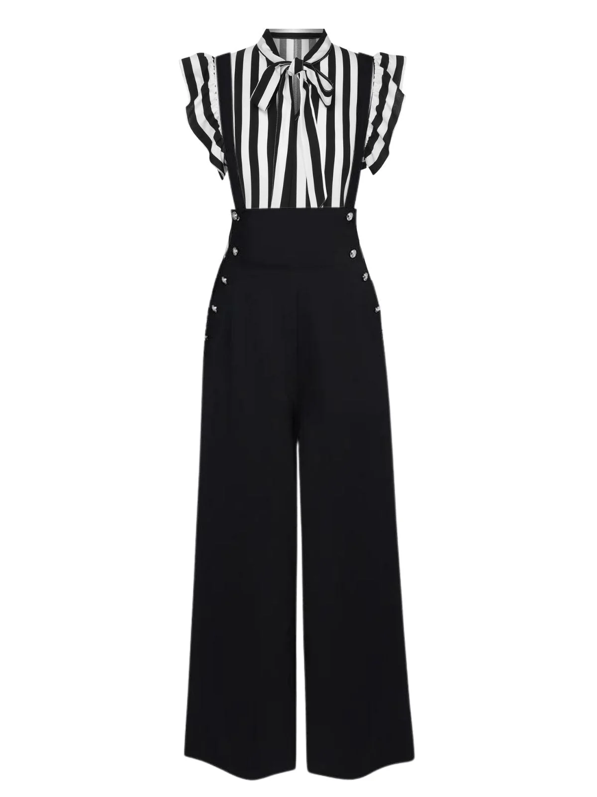 2PCS Schwarz 1930er Streifen Krawattenkragen Rüschenärmel Bluse & Hose