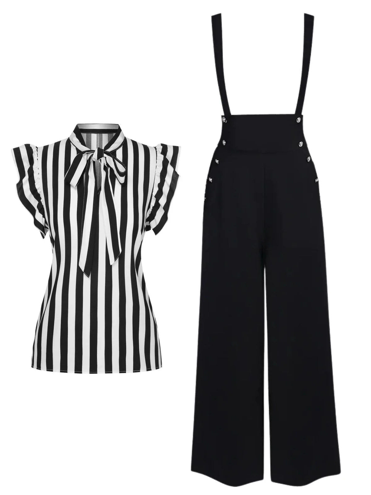 2PCS Schwarz 1930er Streifen Krawattenkragen Rüschenärmel Bluse & Hose - Image 2