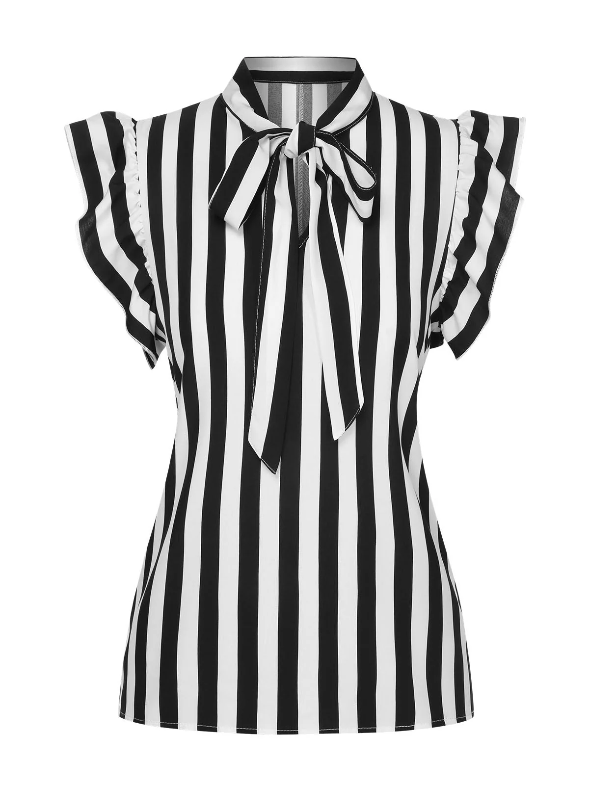 2PCS Schwarz 1930er Streifen Krawattenkragen Rüschenärmel Bluse & Hose - Image 3