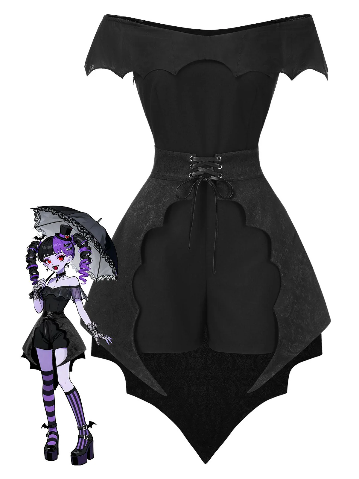 2PCS Schwarz 1950er Gothic SchlÀger Romper & Cover-Up