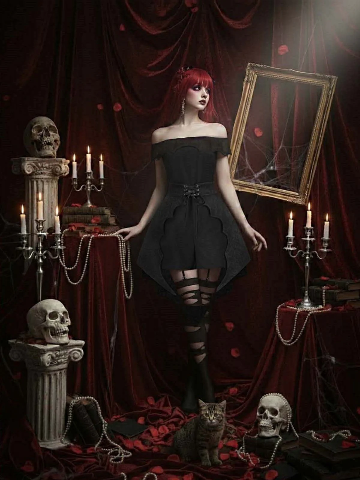 2PCS Schwarz 1950er Gothic SchlÀger Romper & Cover-Up - Image 2