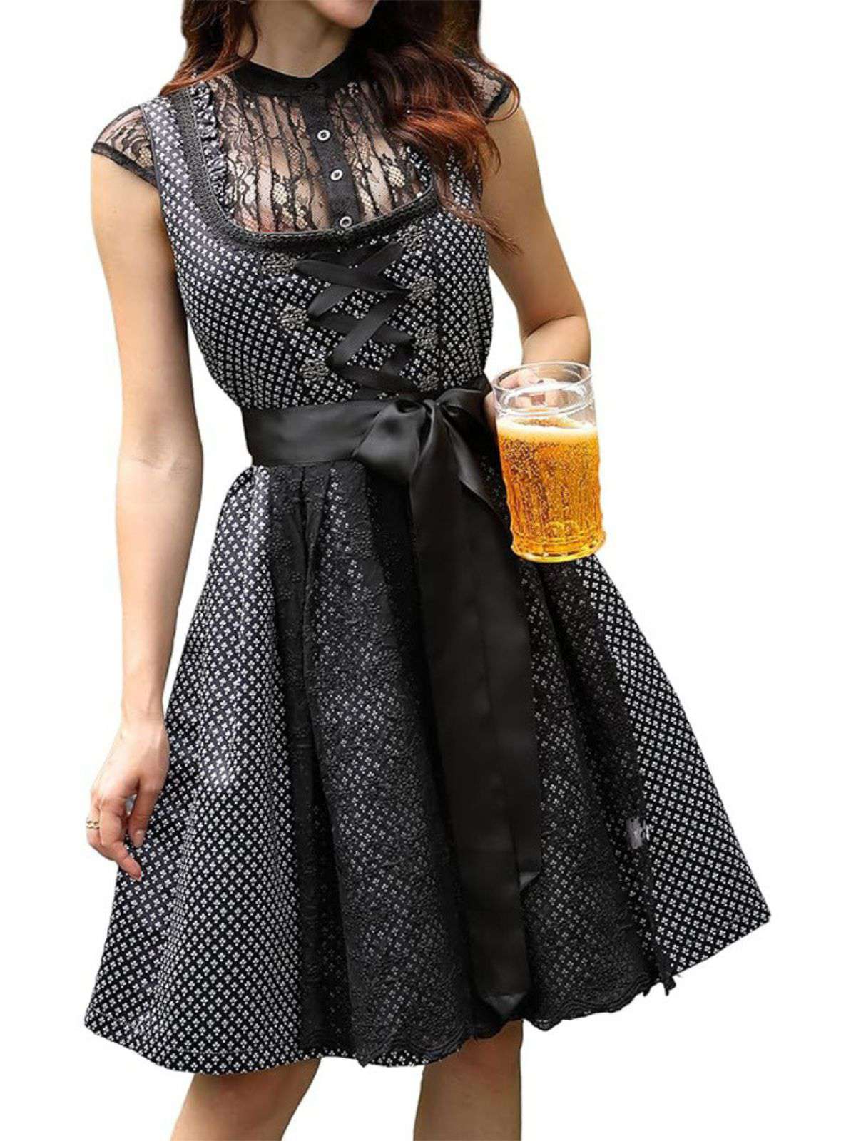 2PCS Dunkelblau 1950er Oktoberfest Dirndl Blumen Schnürung Kleid & Schürze - Image 8