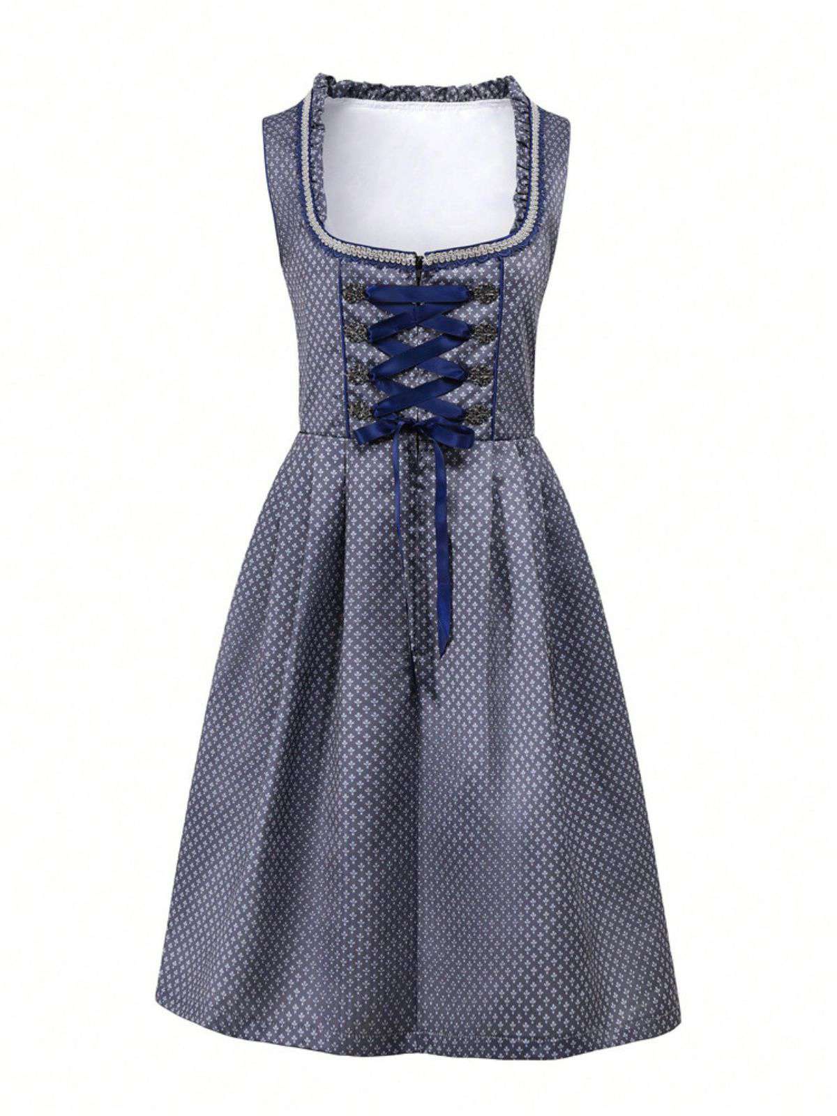 2PCS Dunkelblau 1950er Oktoberfest Dirndl Blumen Schnürung Kleid & Schürze - Image 2