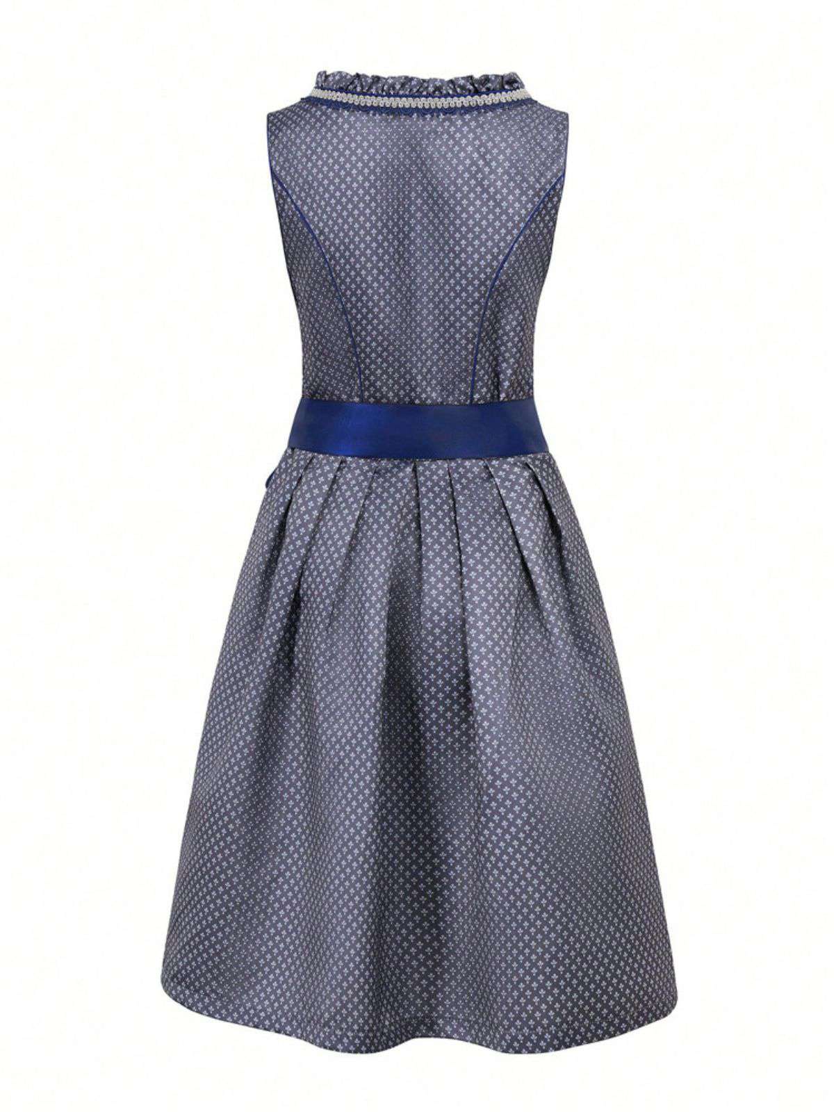 2PCS Dunkelblau 1950er Oktoberfest Dirndl Blumen Schnürung Kleid & Schürze - Image 3