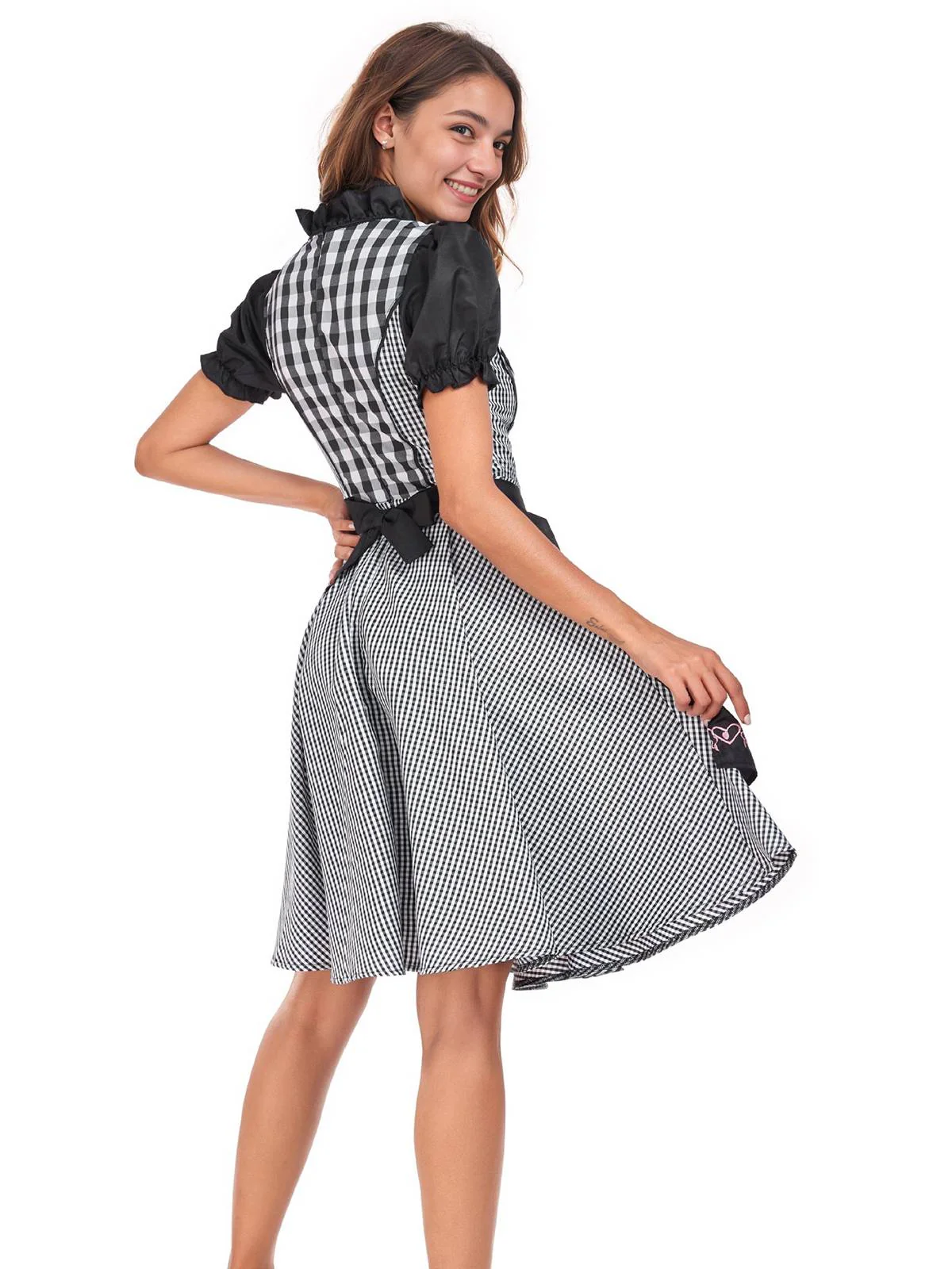 2PCS Schwarz 1950er Oktoberfest Dirndl Puffärmel Gingham Kleid mit Schürze - Image 2