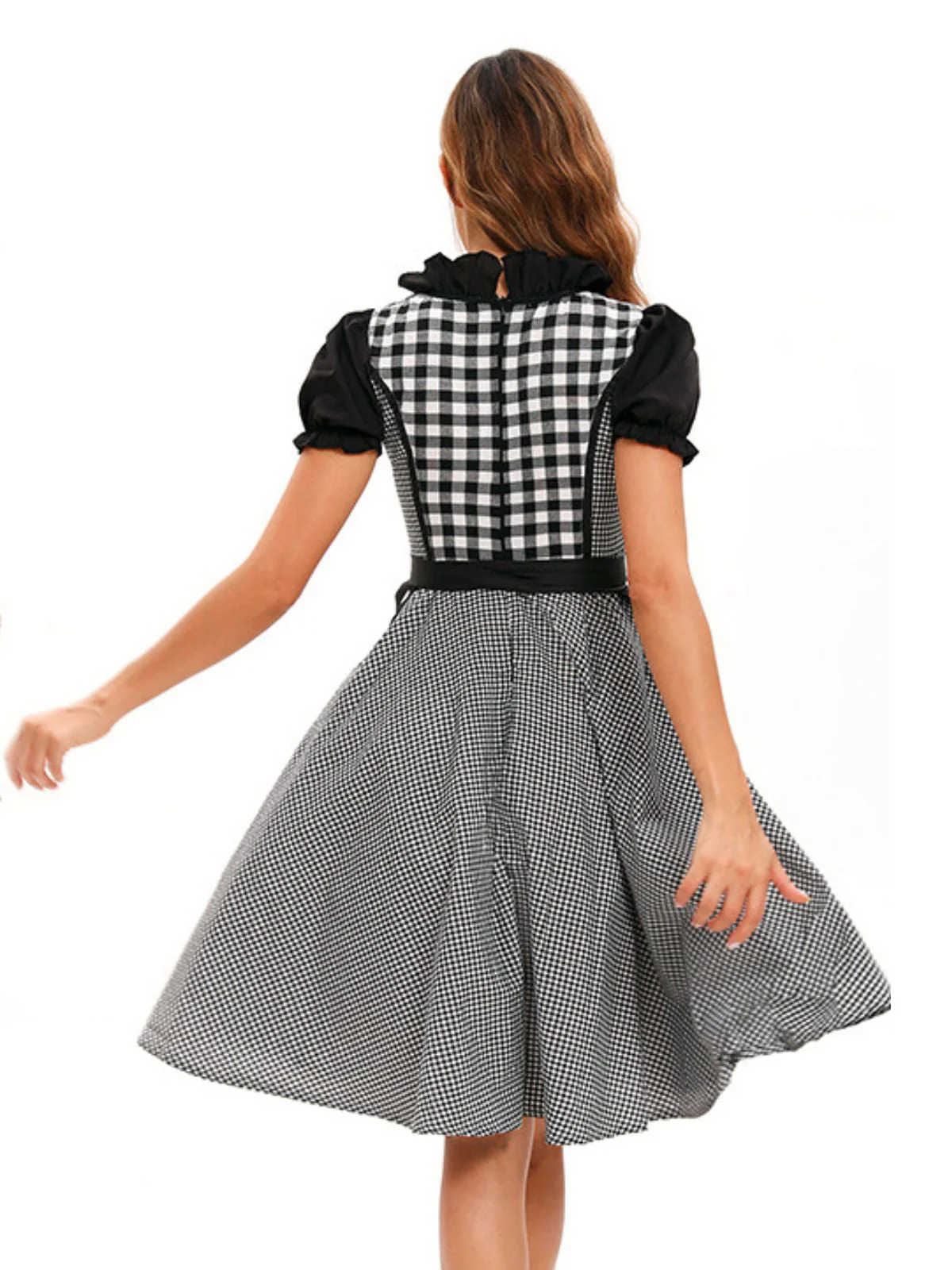 2PCS Schwarz 1950er Oktoberfest Dirndl Puffärmel Gingham Kleid mit Schürze - Image 3