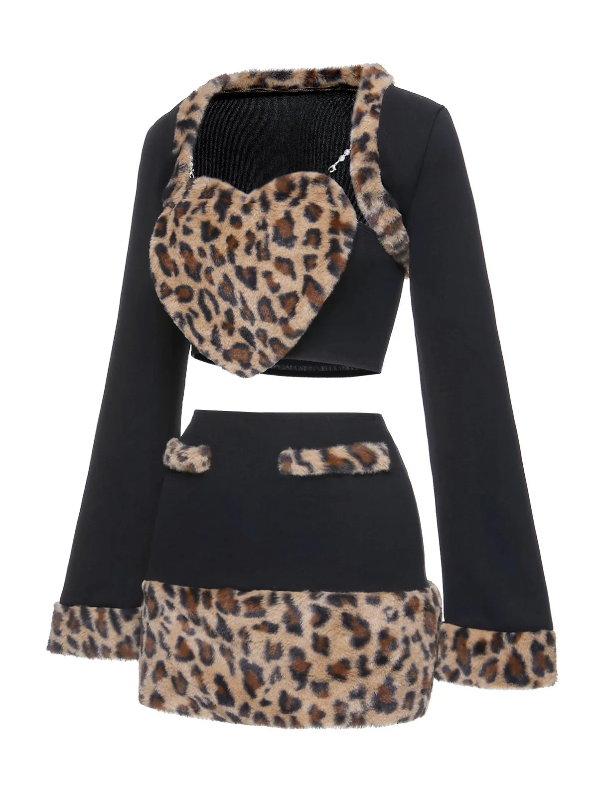 2PCS Schwarz 1960er Plüsch Leopard Herzförmiger Top & Rock & Mantel - Image 2
