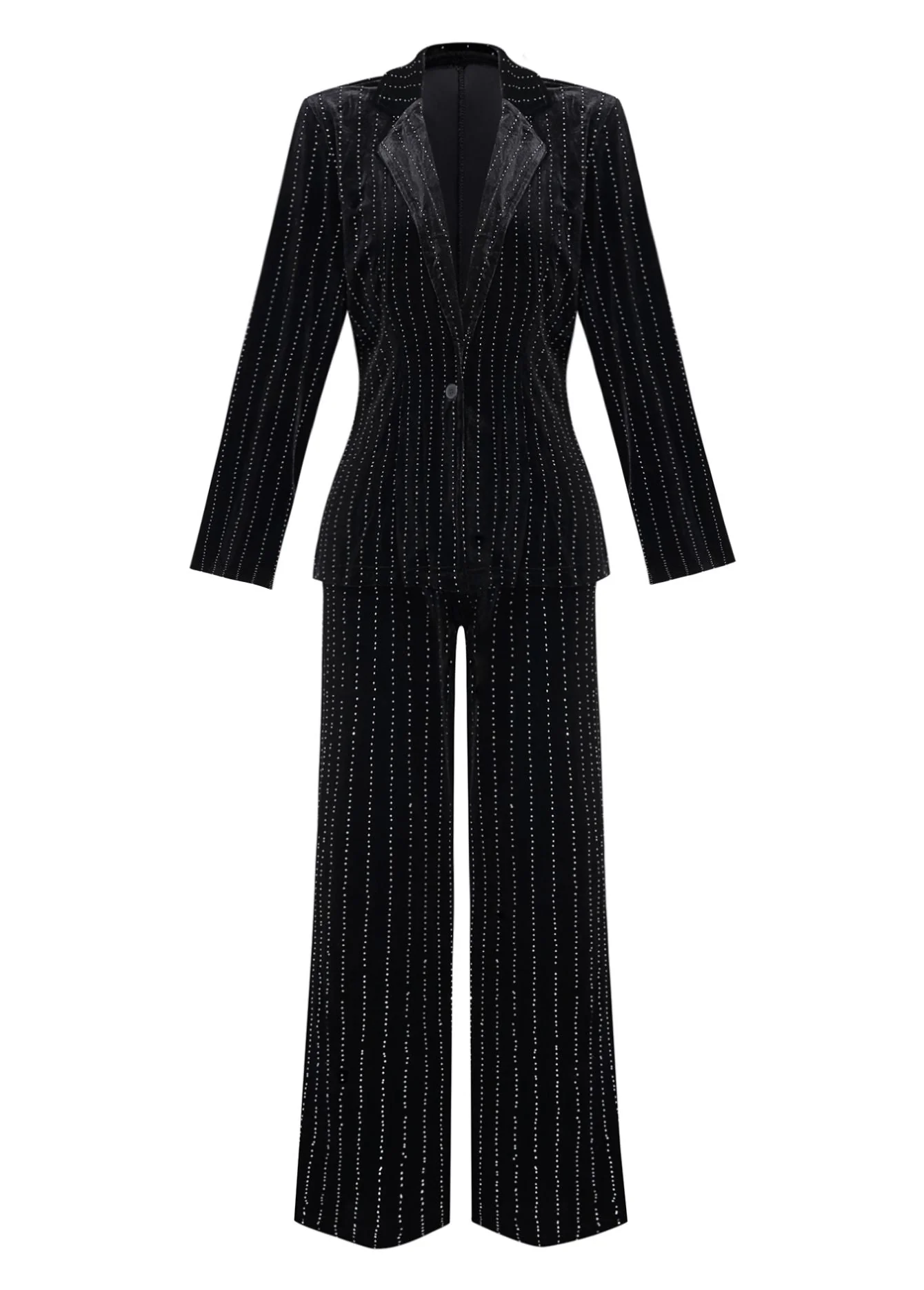 2PCS Schwarz 1960er Samt Pailletten Blazer & Hose Set - Image 2