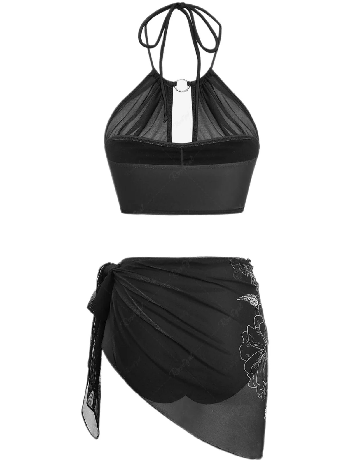 2PCS Schwarz 1980er Gothic Schädel Netz Halfter Bikini Set & Cover Up - Image 2