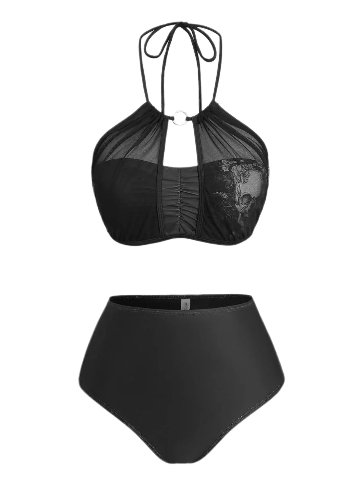 2PCS Schwarz 1980er Gothic Schädel Netz Halfter Bikini Set & Cover Up - Image 3