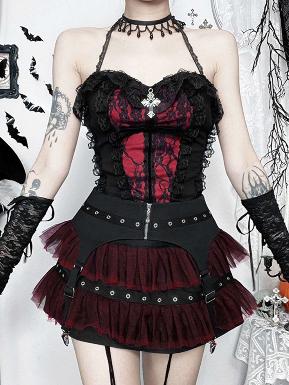 2PCS Schwarz 1980er Gothic Steampunk Halter Kreuz Camisole & Mini Rock - Image 3