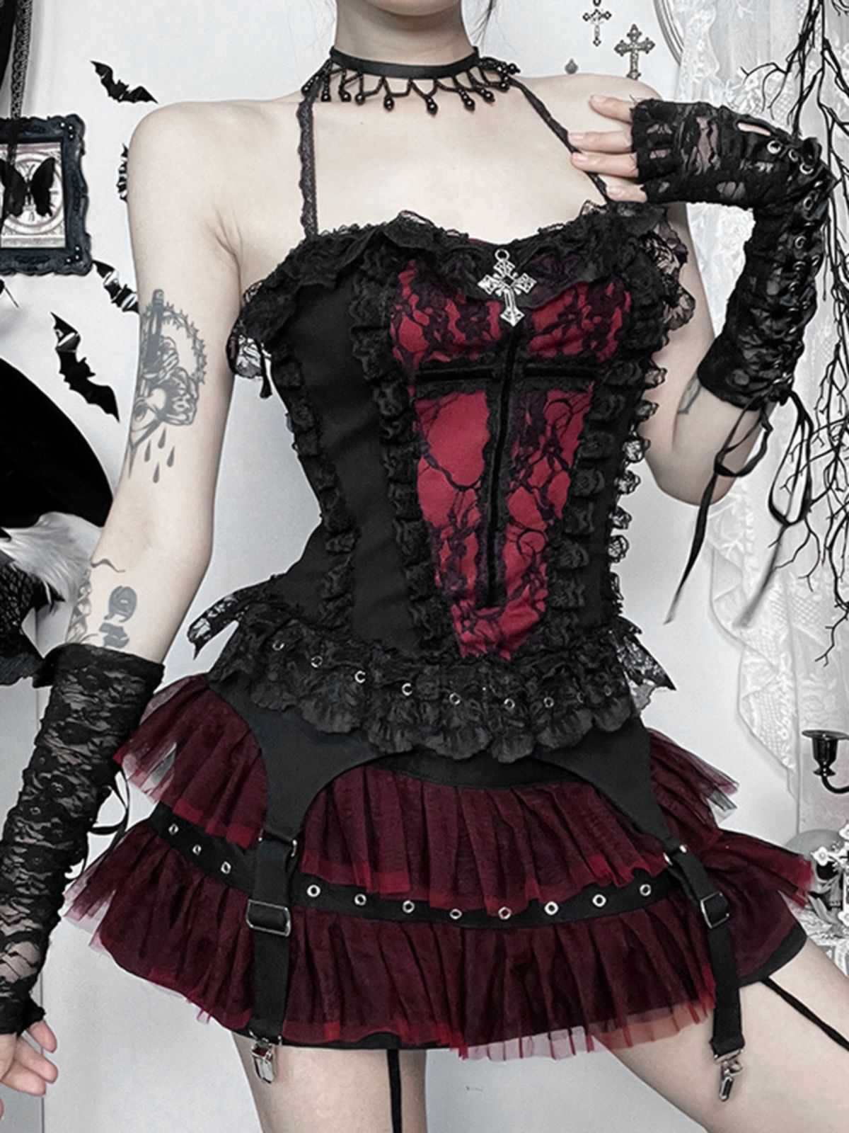 2PCS Schwarz 1980er Gothic Steampunk Halter Kreuz Camisole & Mini Rock - Image 5