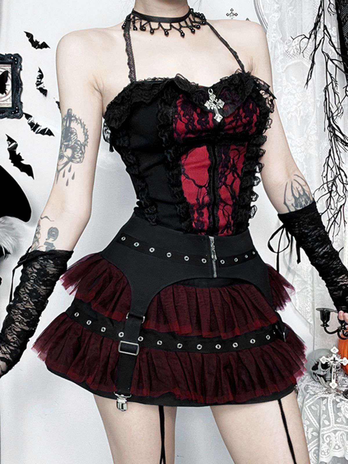 2PCS Schwarz 1980er Gothic Steampunk Halter Kreuz Camisole & Mini Rock - Image 6