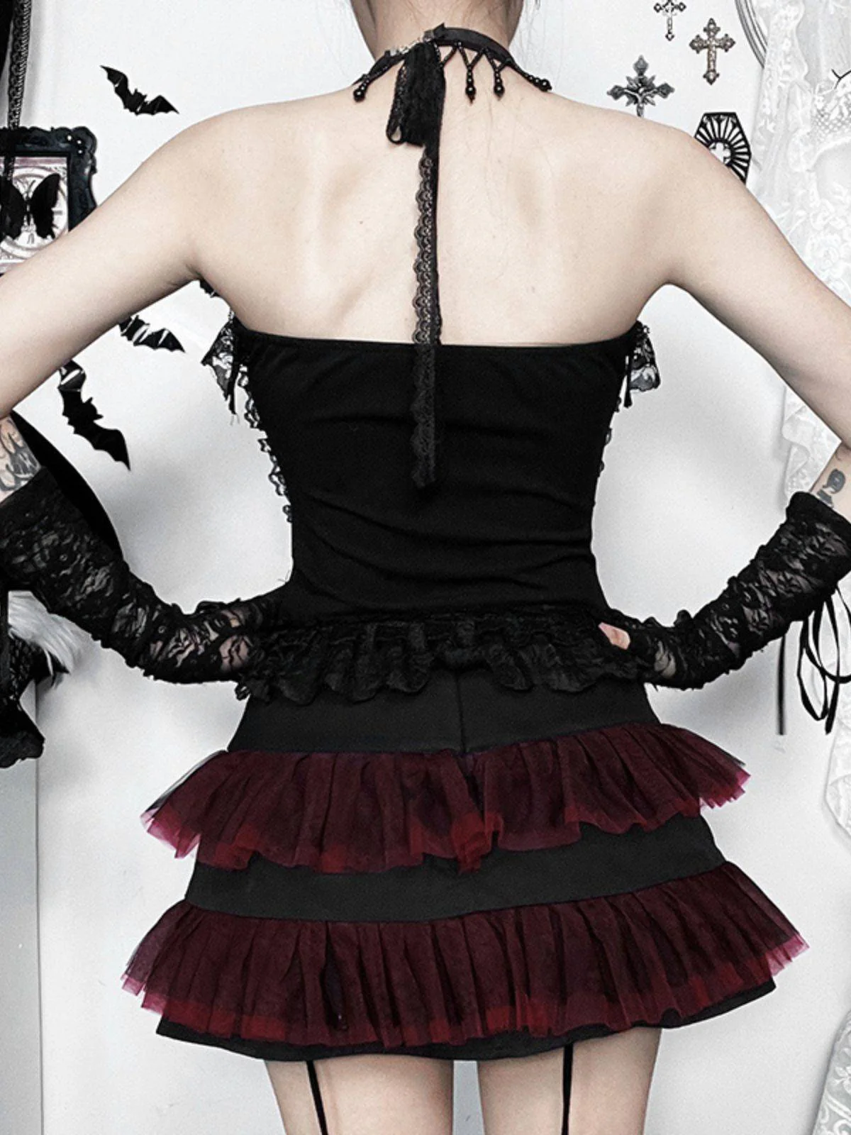 2PCS Schwarz 1980er Gothic Steampunk Halter Kreuz Camisole & Mini Rock - Image 7