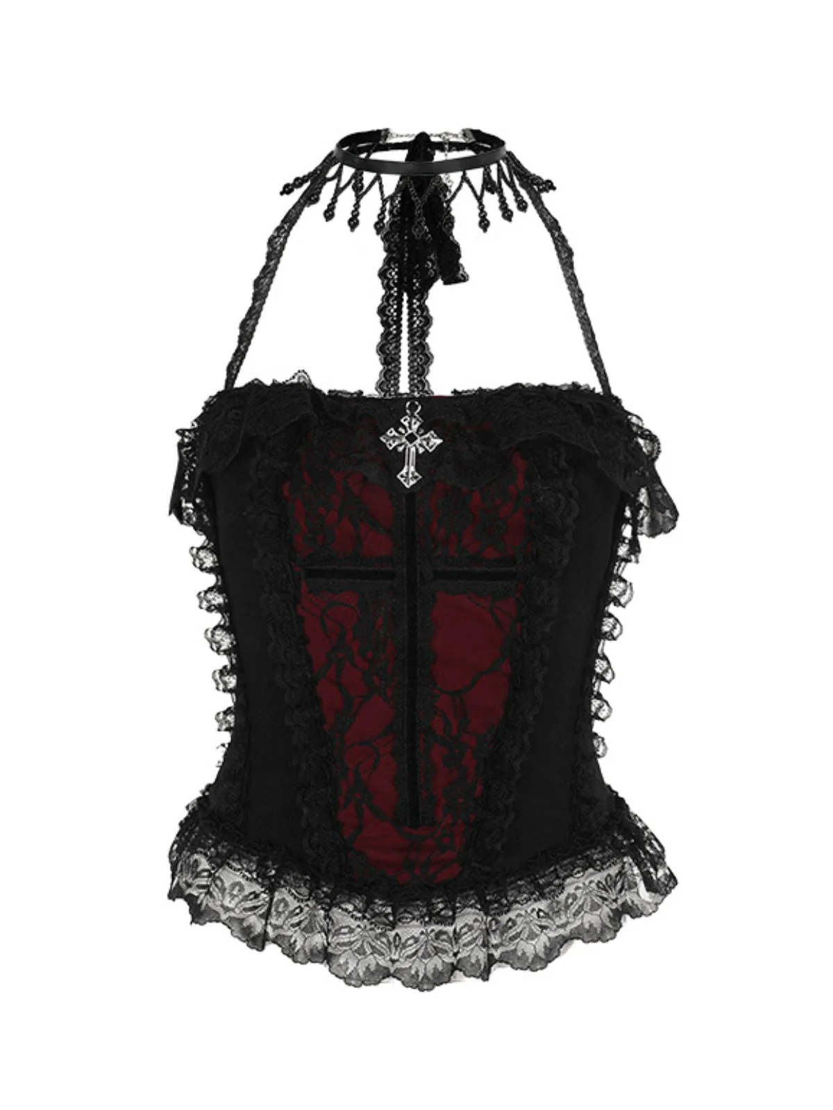 2PCS Schwarz 1980er Gothic Steampunk Halter Kreuz Camisole & Mini Rock - Image 8