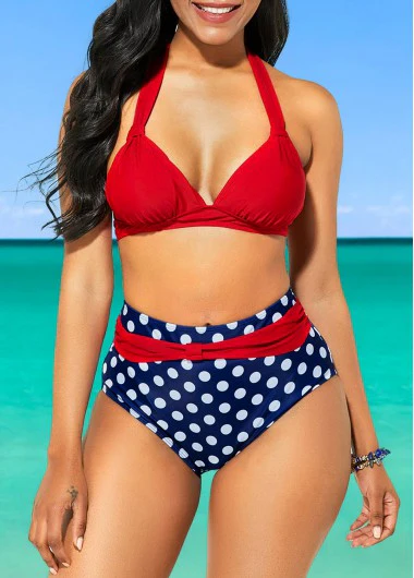 1950er Polka Punkt Plissiert Halter Bikini Set - Image 2