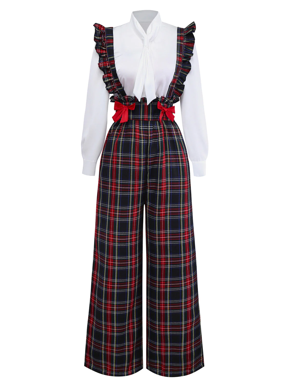 2PCS Weiß & Schwarz 1940er Bluse & Tartan Latzhose - Image 3