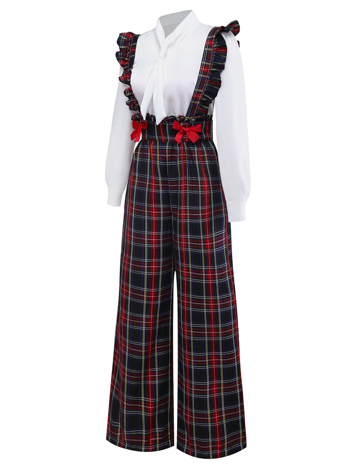 2PCS Weiß & Schwarz 1940er Bluse & Tartan Latzhose - Image 4