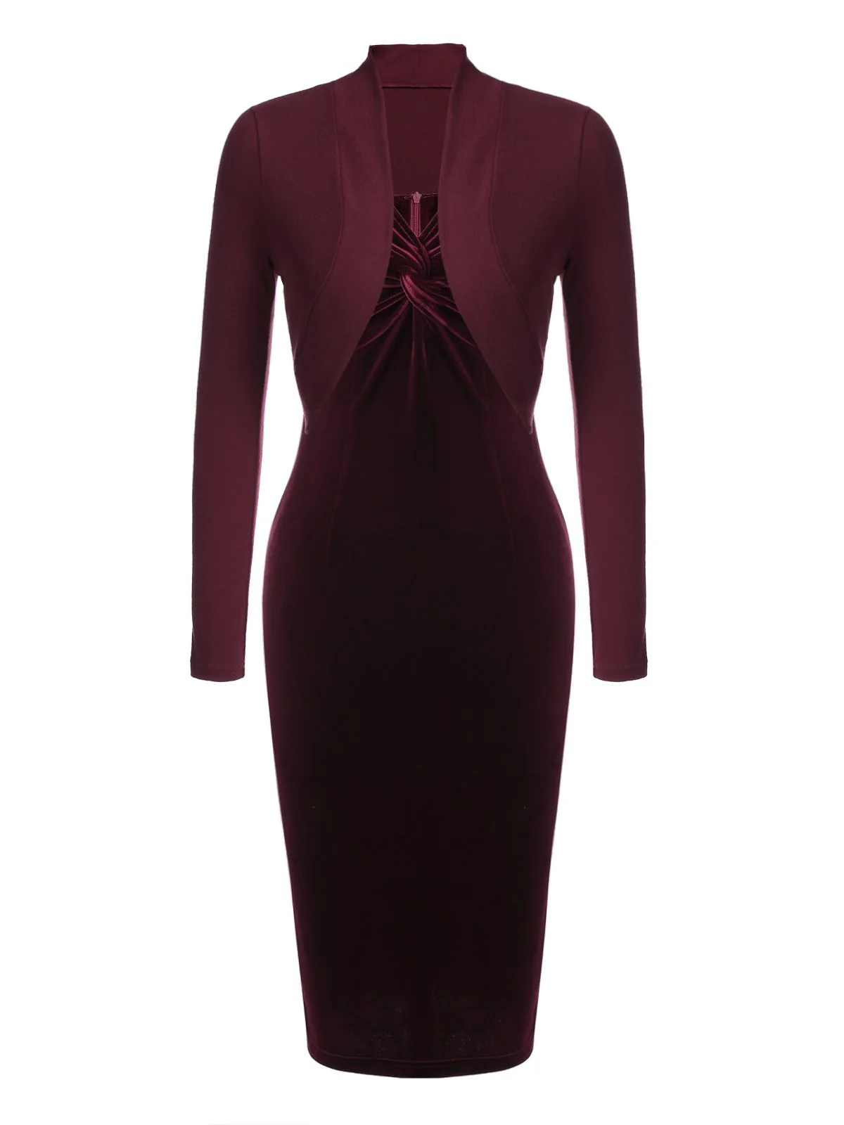 2PCS Weinrot 1960er Samt Lange Ärmel Bleistift Kleid - Image 4