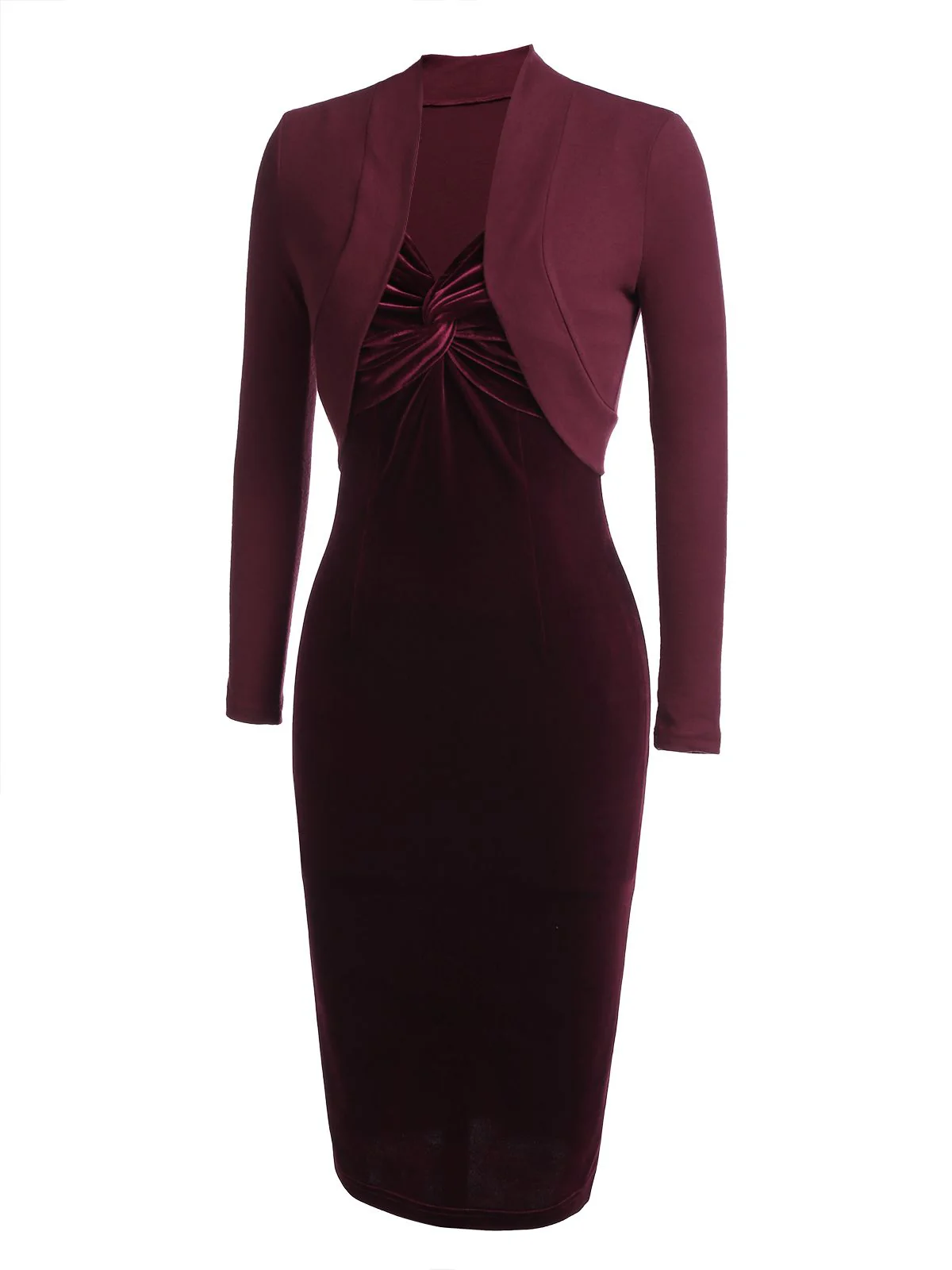 2PCS Weinrot 1960er Samt Lange Ärmel Bleistift Kleid - Image 5