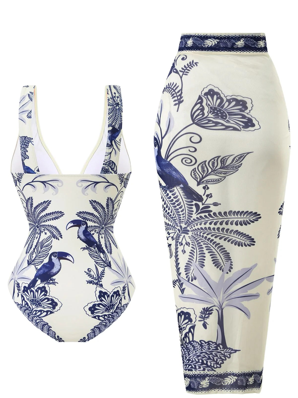 30er Badeanzug & Cover-Up mit Blumen und Vogel-Motiv in Blau - Image 2