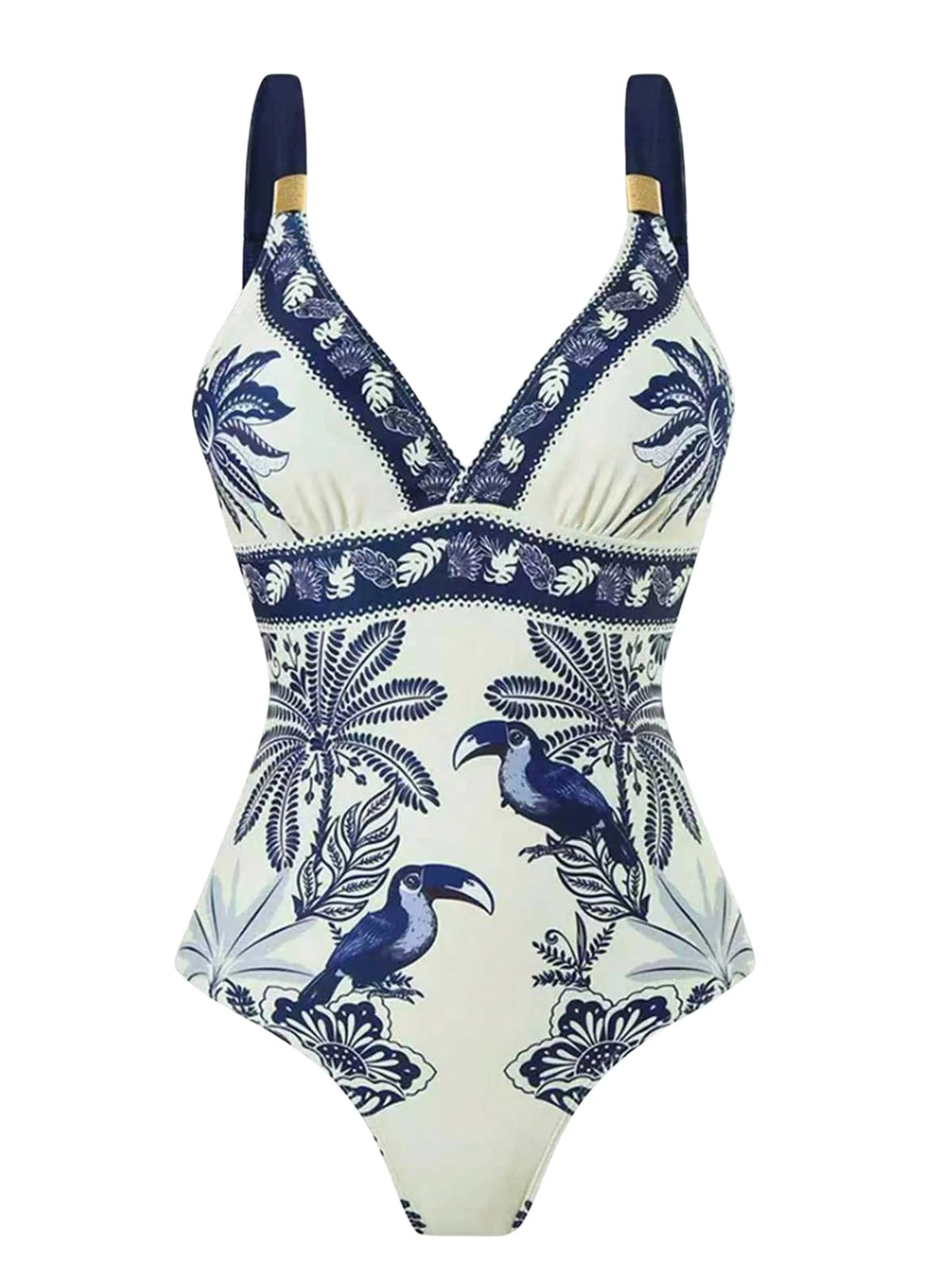30er Badeanzug & Cover-Up mit Blumen und Vogel-Motiv in Blau - Image 3