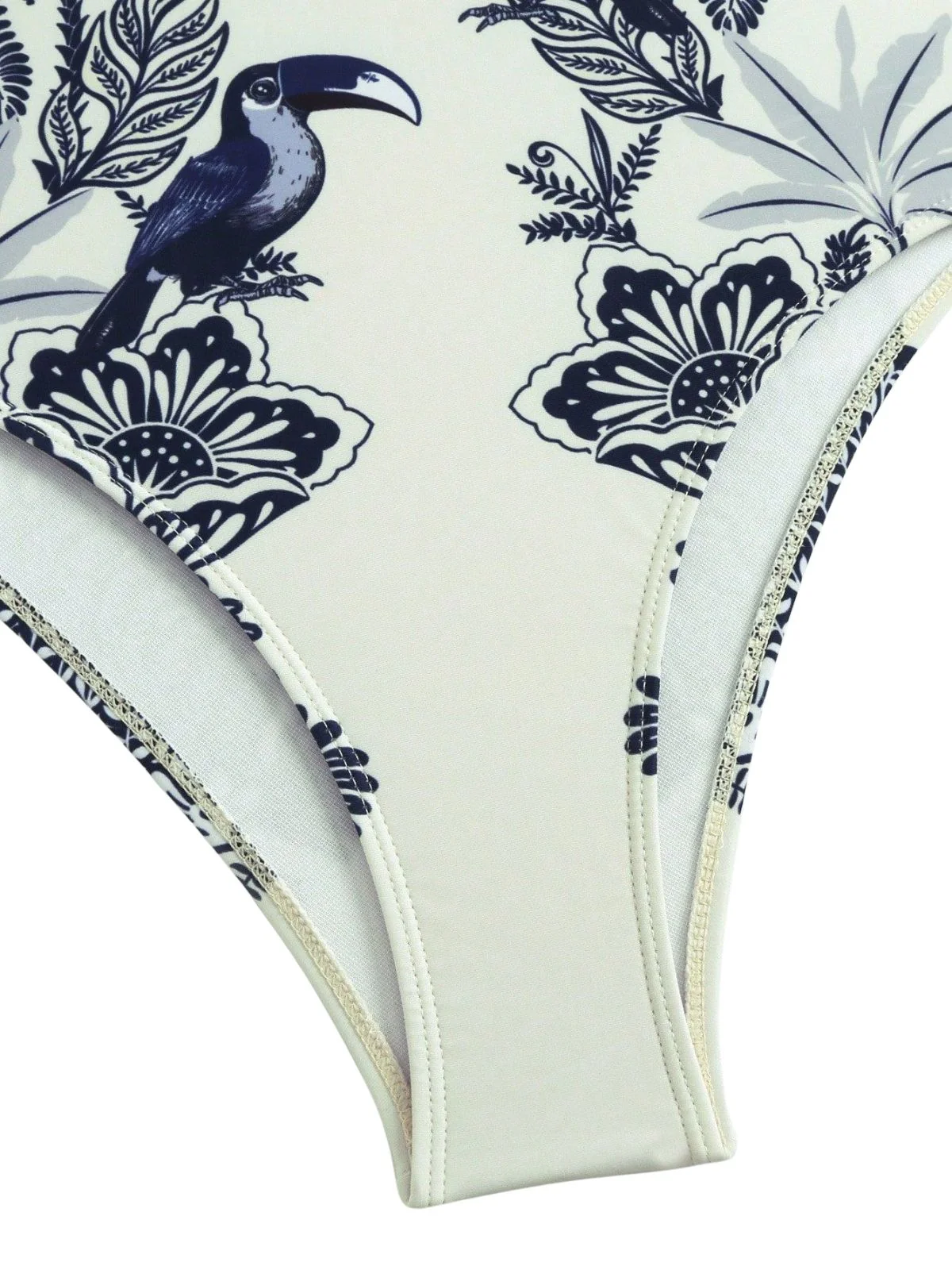 30er Badeanzug & Cover-Up mit Blumen und Vogel-Motiv in Blau - Image 5