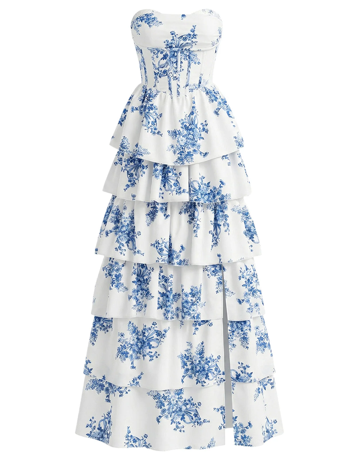 30er langes Kleid mit Blumen-Print, Fischgrät und Stufenrock in Blau - Image 2