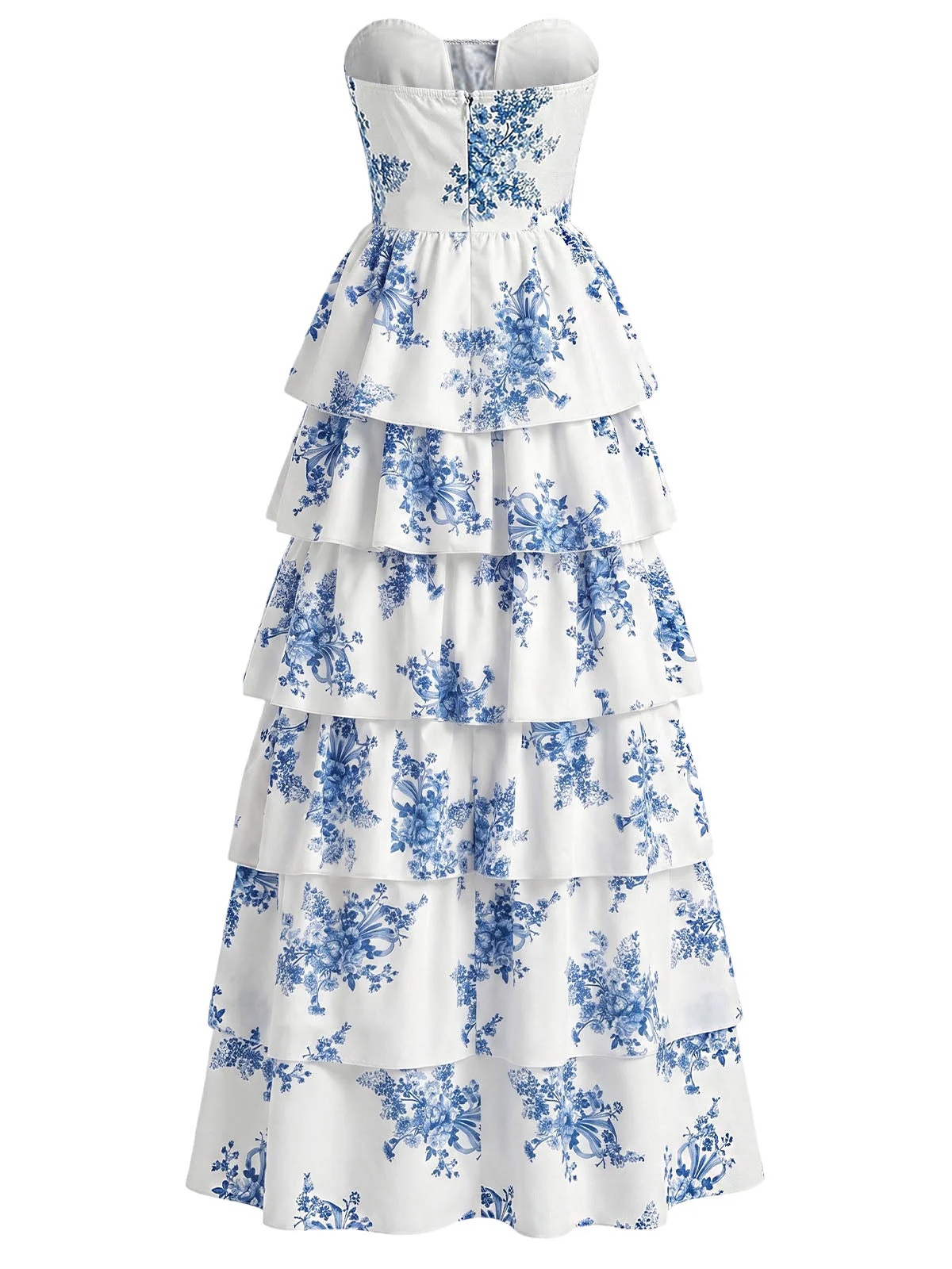 30er langes Kleid mit Blumen-Print, Fischgrät und Stufenrock in Blau - Image 3