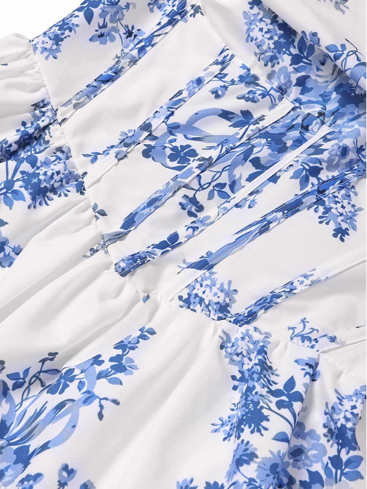 30er langes Kleid mit Blumen-Print, Fischgrät und Stufenrock in Blau - Image 4