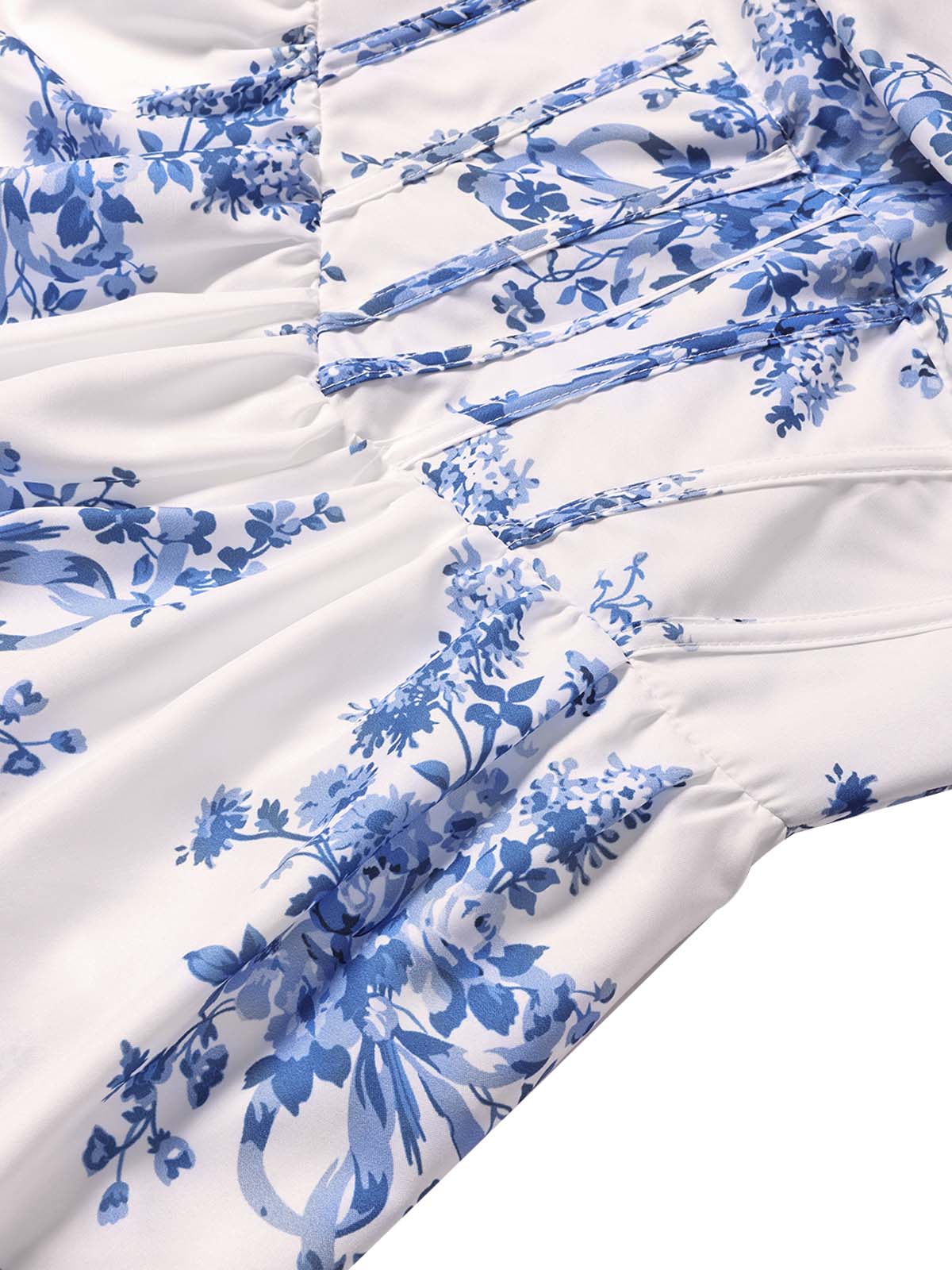 30er langes Kleid mit Blumen-Print, Fischgrät und Stufenrock in Blau - Image 5