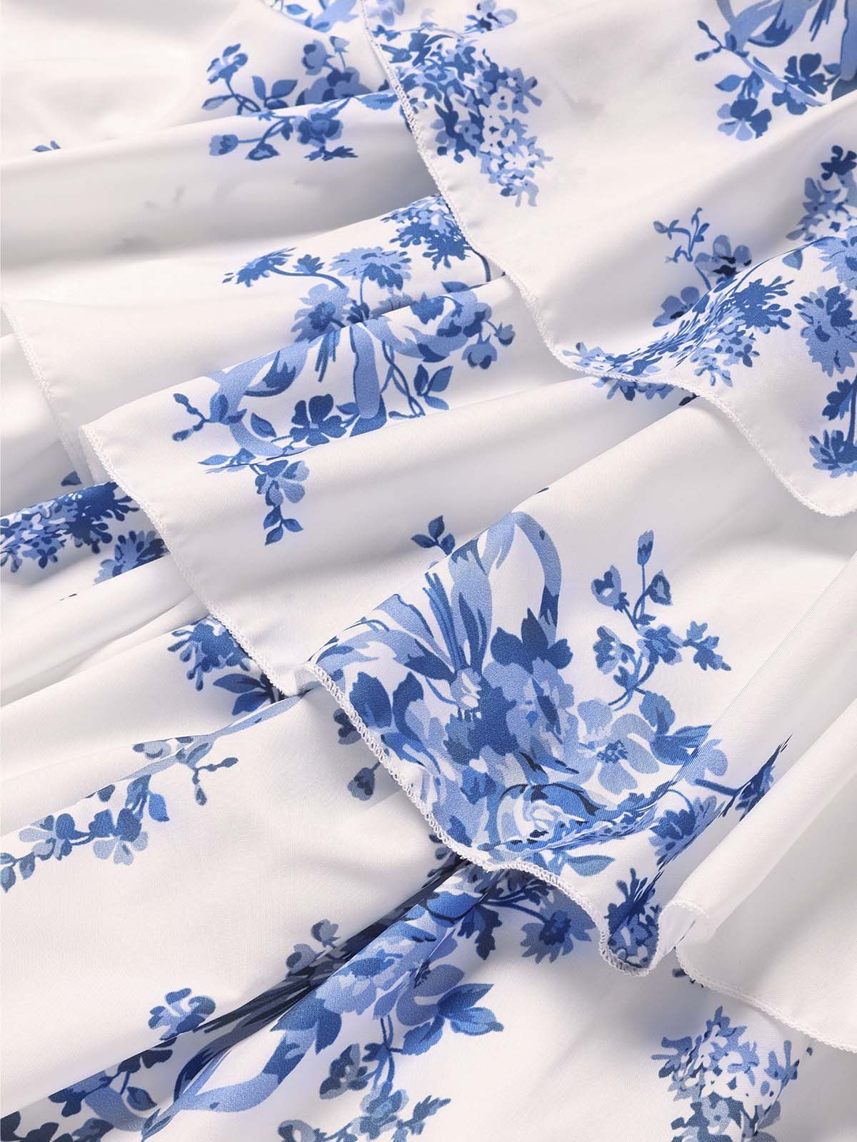 30er langes Kleid mit Blumen-Print, Fischgrät und Stufenrock in Blau - Image 6