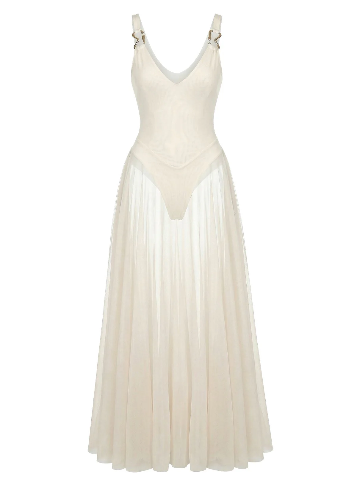 30er Maxikleid mit V-Ausschnitt, Riemchen und fließendem Netz-Design
