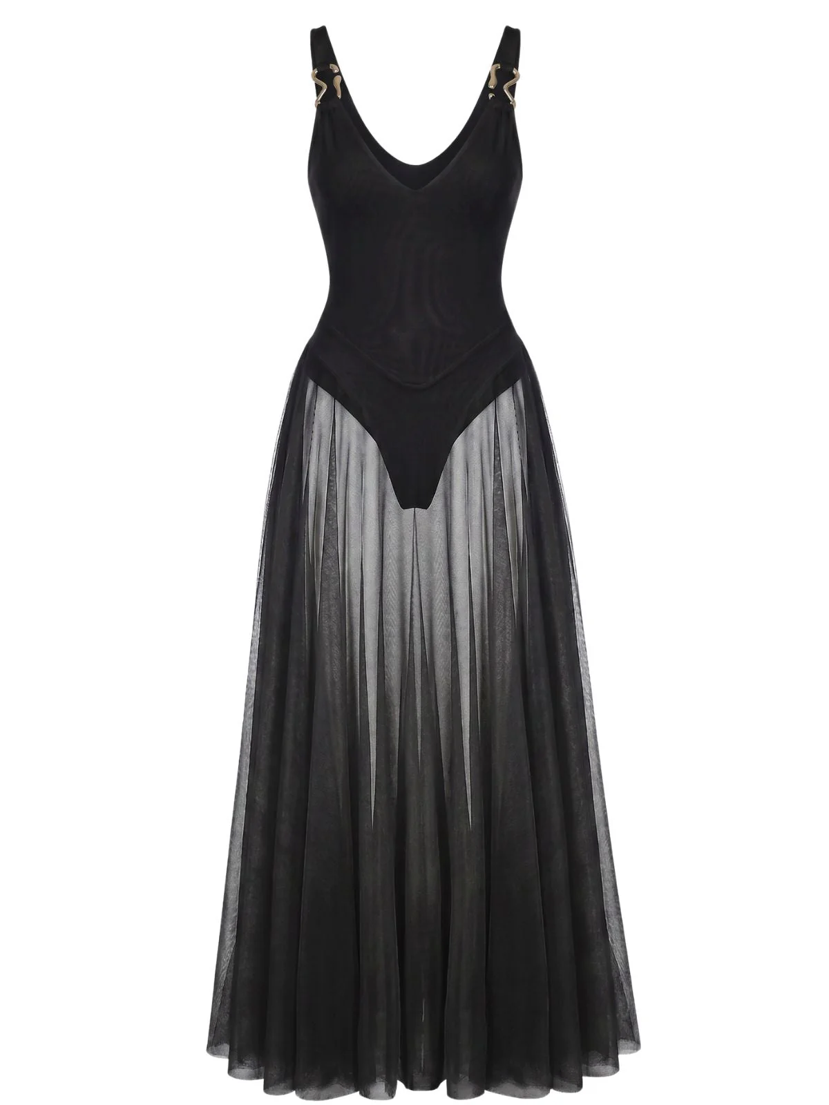 30er Maxikleid mit V-Ausschnitt, Riemchen und fließendem Netz-Design - Image 8