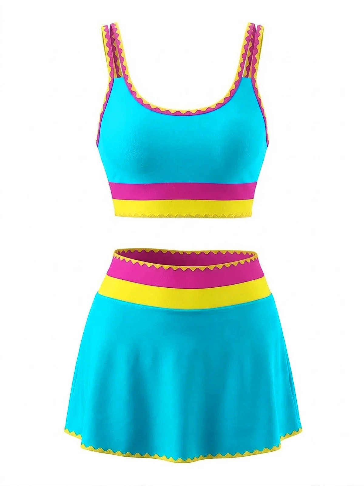 3PCS 1950er Kontrast Zickzack Besatz Tankini Set & Cover-Up - Image 11
