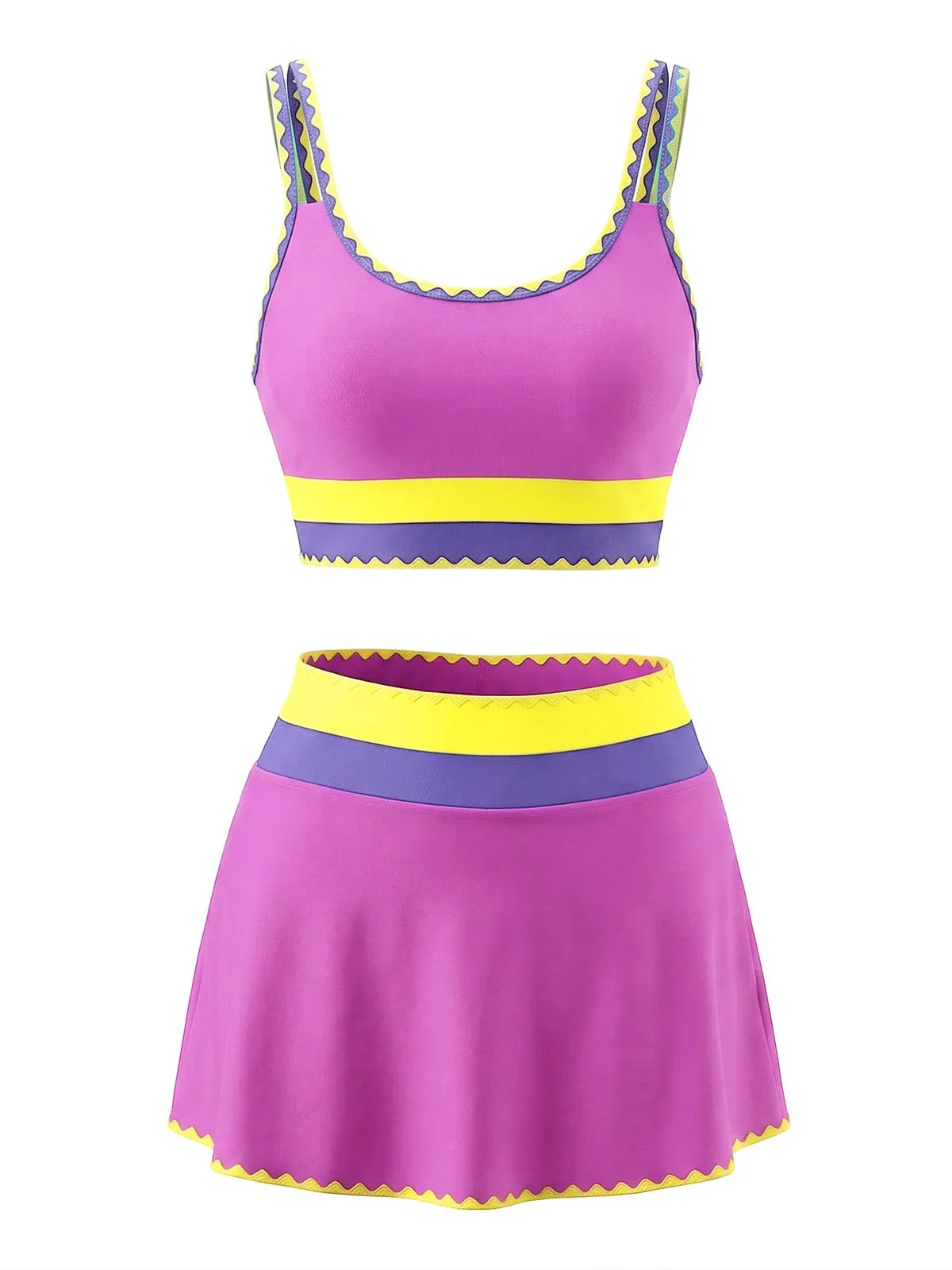 3PCS 1950er Kontrast Zickzack Besatz Tankini Set & Cover-Up - Image 15