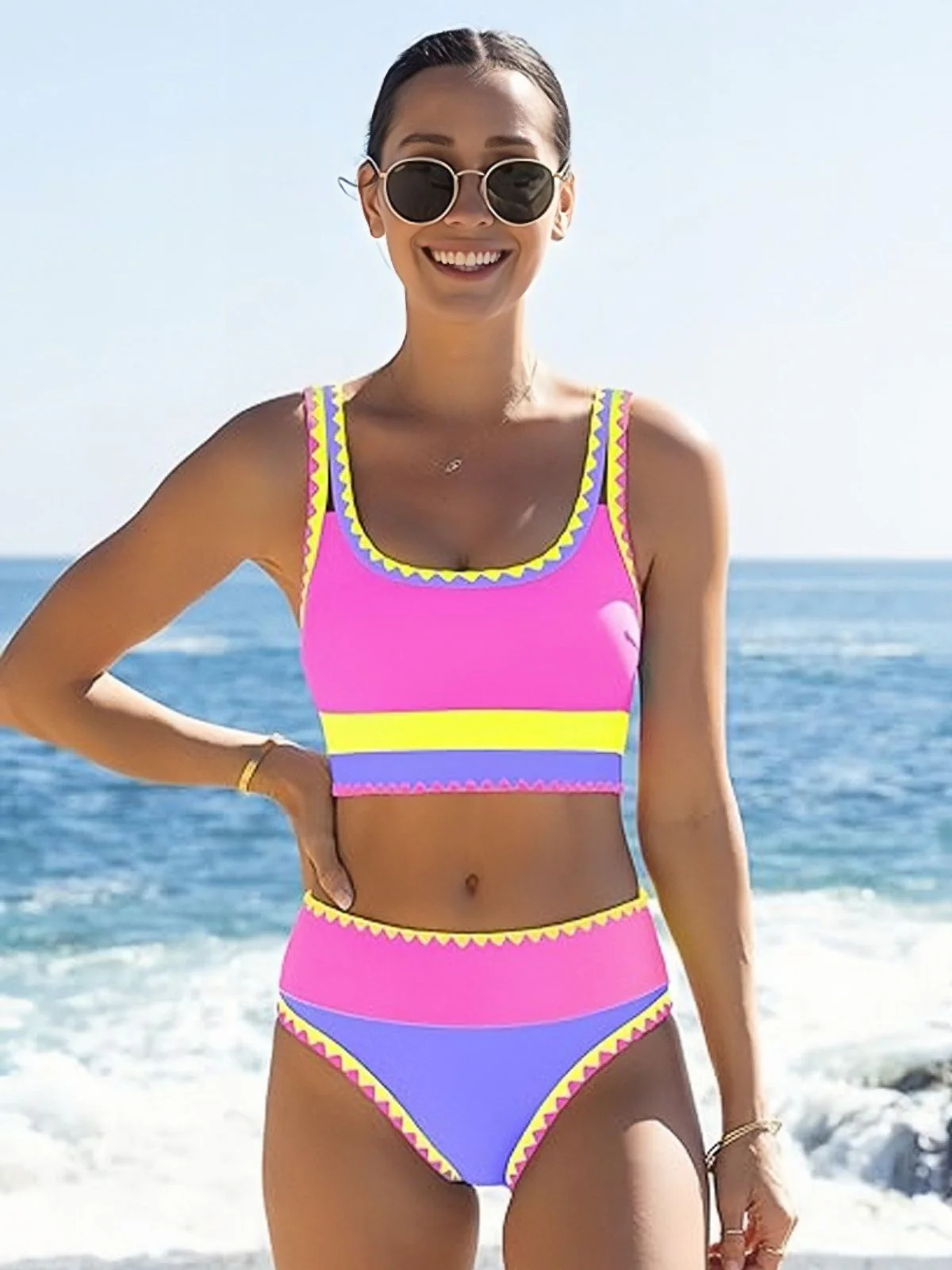 3PCS 1950er Kontrast Zickzack Besatz Tankini Set & Cover-Up - Image 17