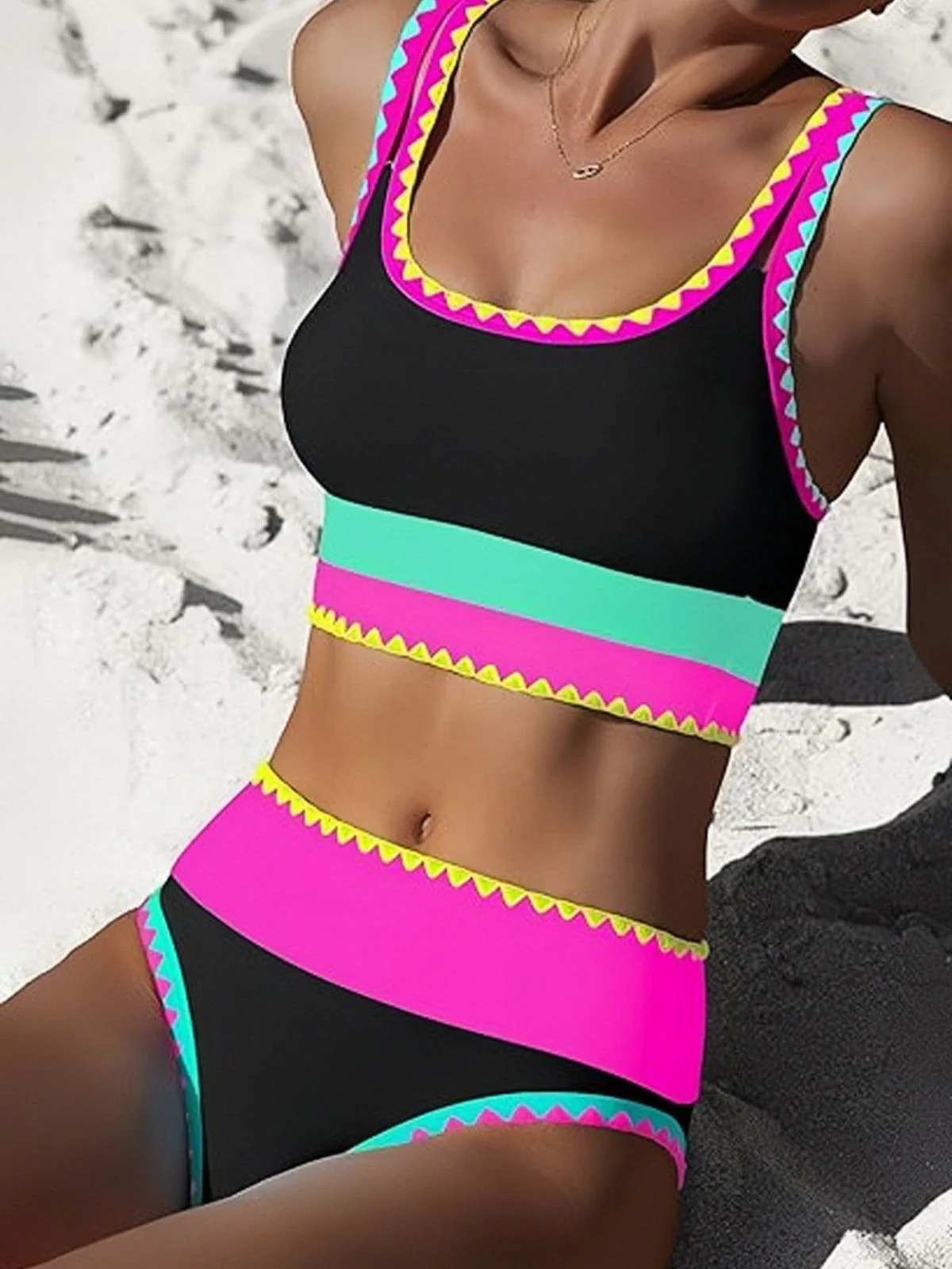 3PCS 1950er Kontrast Zickzack Besatz Tankini Set & Cover-Up - Image 2
