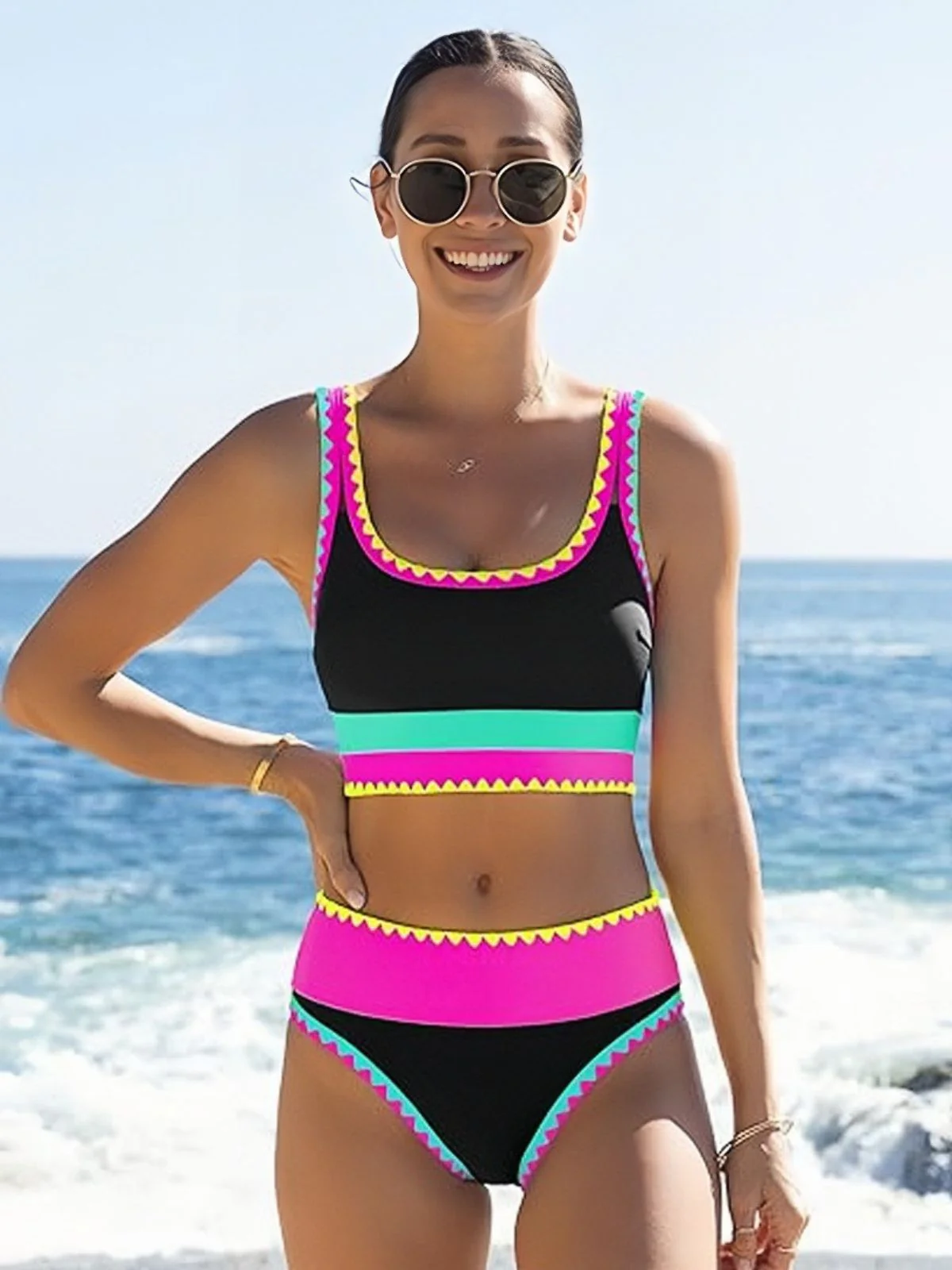 3PCS 1950er Kontrast Zickzack Besatz Tankini Set & Cover-Up - Image 5