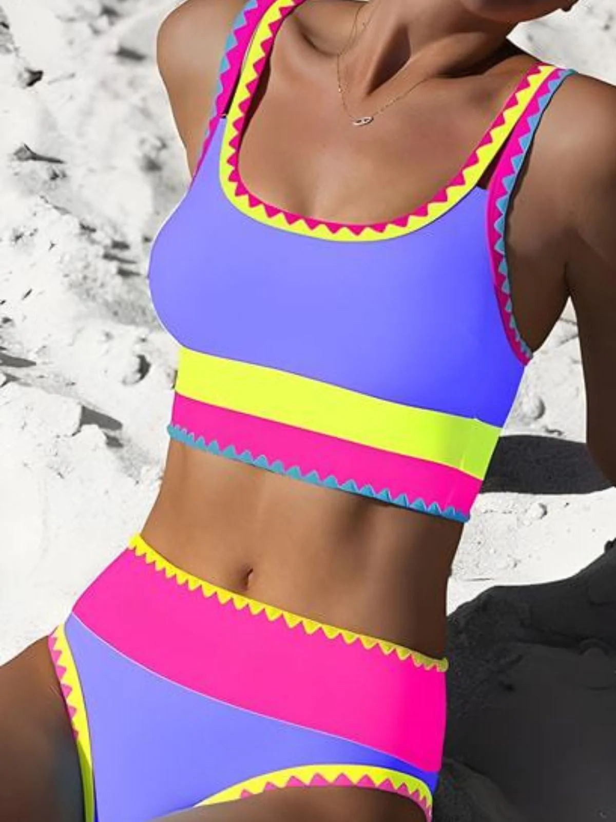3PCS 1950er Kontrast Zickzack Besatz Tankini Set & Cover-Up - Image 8