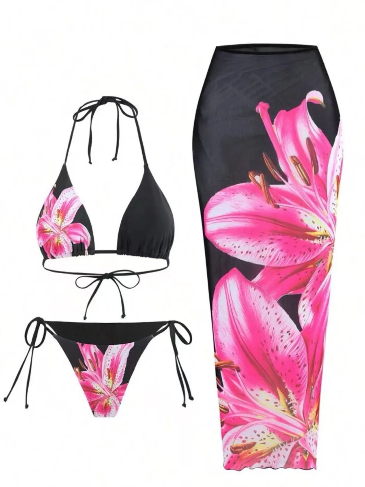 3PCS 1950er Netz Lilien Muster Bikini Set & Cover-Up