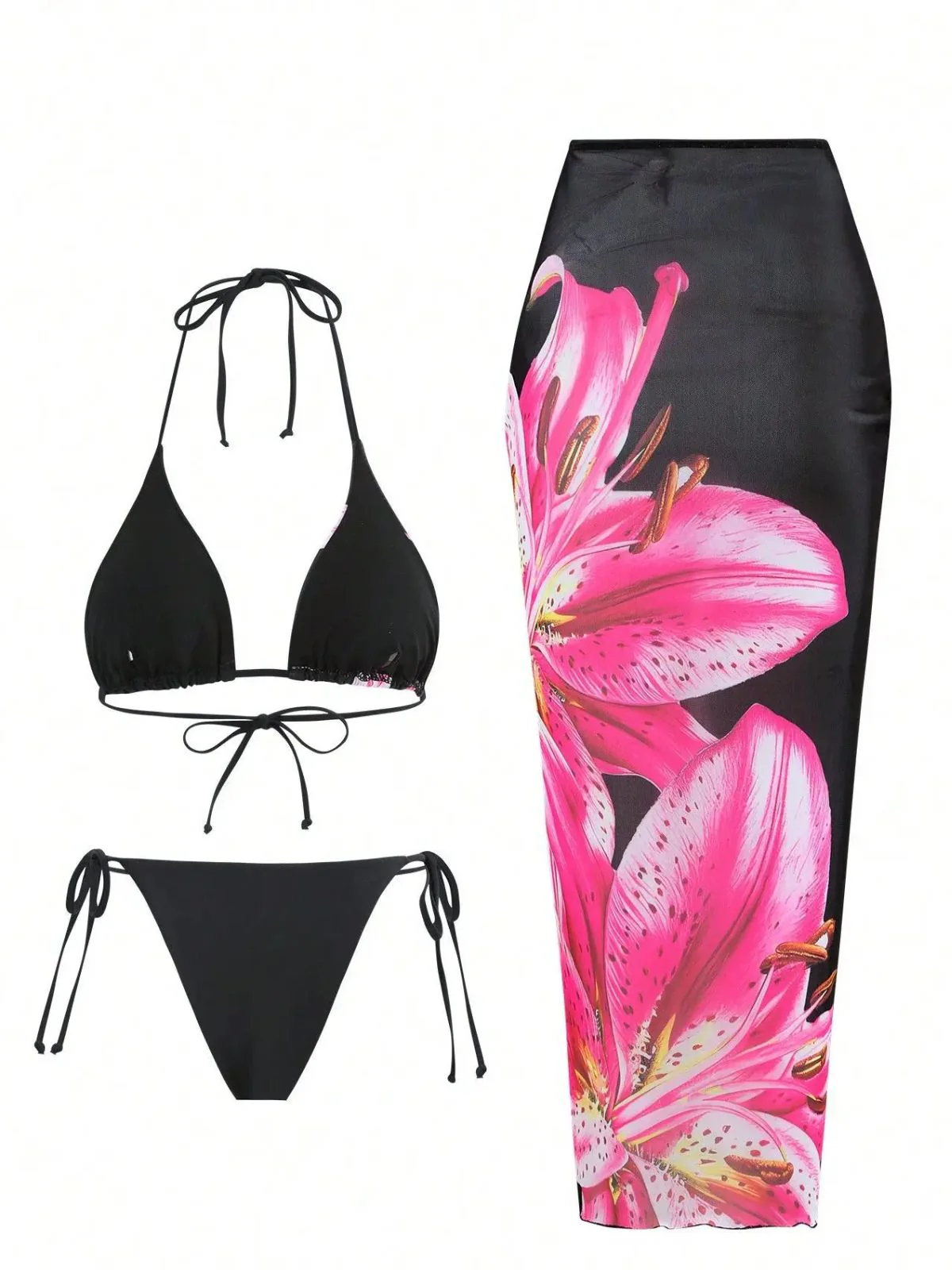 3PCS 1950er Netz Lilien Muster Bikini Set & Cover-Up - Image 2