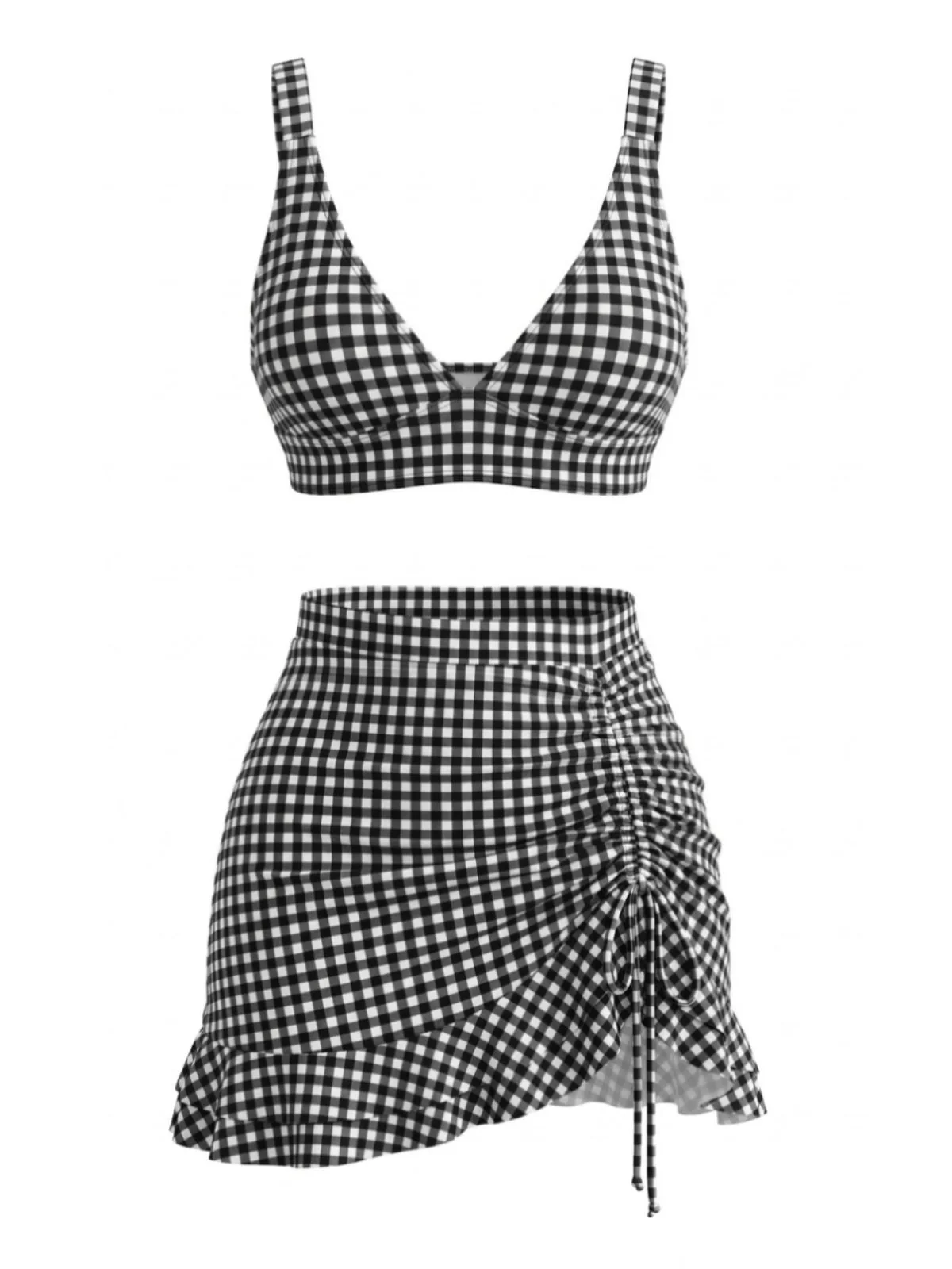 3PCS 1950er Rüschen Saum Kariert Kordelzug Tankini Set - Image 5