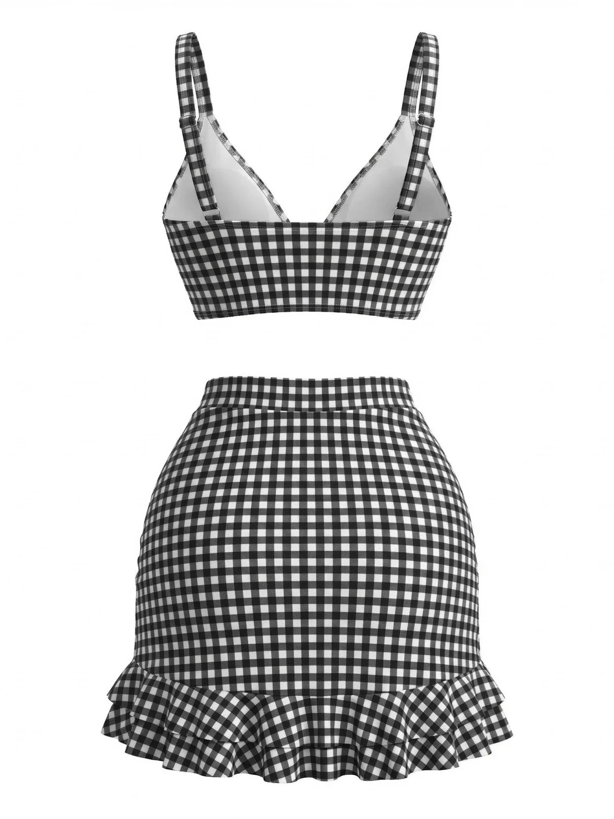 3PCS 1950er Rüschen Saum Kariert Kordelzug Tankini Set - Image 6