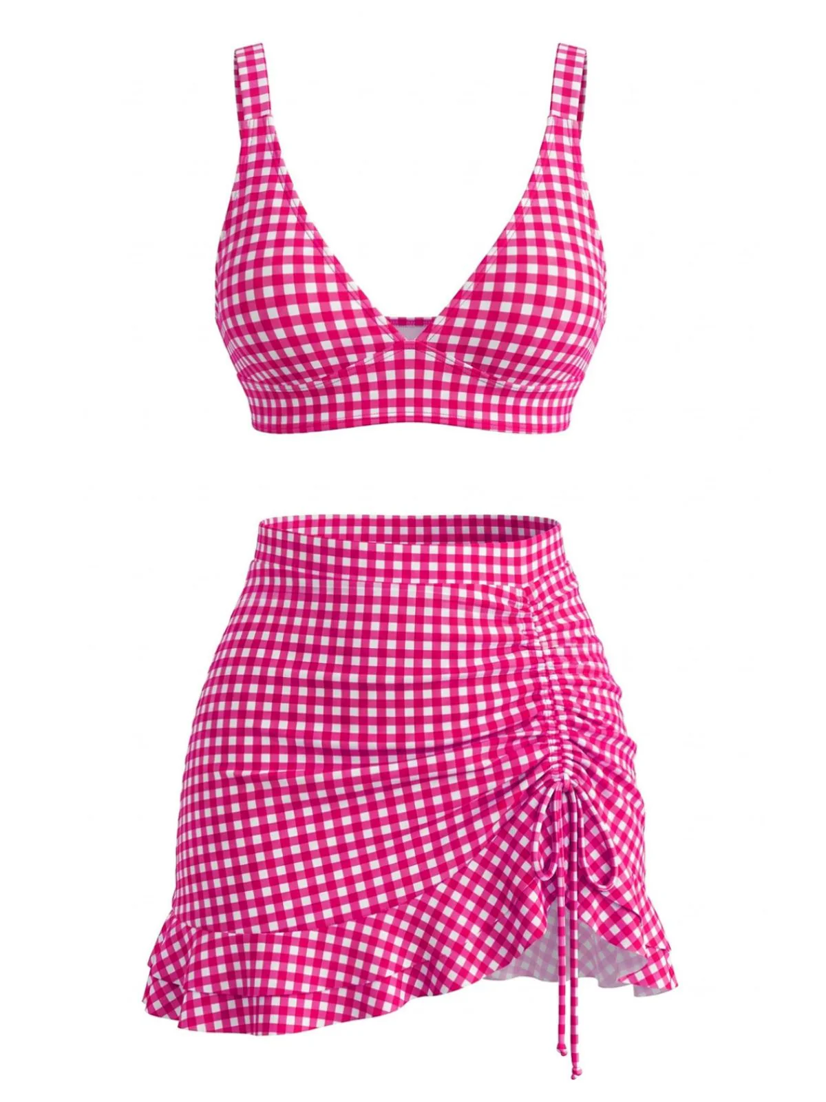 3PCS 1950er Rüschen Saum Kariert Kordelzug Tankini Set - Image 7